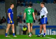 19 October 2024; Munster goalkeeper Conor O'Currin, right, chats with team-mate Dermot Ryan, left, and Mark Barry of Leinster during the Allianz GAA Football Interprovincial Championship Shield Final match between Leinster and Munster at Croke Park in Dublin. Photo by Shauna Clinton/Sportsfile