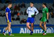 19 October 2024; Munster goalkeeper Conor O'Currin, centre, chats with team-mate Dermot Ryan, left, and Mark Barry of Leinster during the Allianz GAA Football Interprovincial Championship Shield Final match between Leinster and Munster at Croke Park in Dublin. Photo by Shauna Clinton/Sportsfile