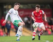 20 October 2024; David Nolan of Cork City in action against Niall O'Sullivan of St Patrick’s Athletic during the EA SPORTS MU15 LOI Michael Hayes Cup match between Cork City and St Patrick’s Athletic at Turner’s Cross in Cork. Photo by Michael P Ryan/Sportsfile