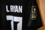 20 October 2024; A detailed view of the Sports Direct Women's FAI Cup logo on the sleeve of an Athlone Town jersey to be worn by Laurie Ryan, in their dressing room before the Sports Direct Women's FAI Cup Final between Athlone Town and Shelbourne at Tallaght Stadium in Dublin. Photo by Stephen McCarthy/Sportsfile