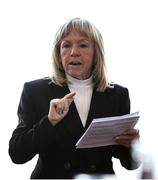 20 October 2024; Former Republic of Ireland player Linda Gorman gives a speech during the presentation by the Irish Professional Footballers Benevolent Association (IPFBA) to Nono McHugh to mark her status as the first ever captain of the Ireland women’s senior international football team at Maldron Hotel before the Sports Direct Women's FAI Cup Final match between Athlone Town and Shelbourne at Tallaght Stadium in Dublin. Photo by Thomas Flinkow/Sportsfile