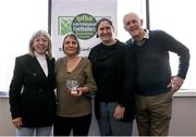 20 October 2024; From left to right, former Republic of Ireland international Linda Gorman, Nono McHugh, FAI head of women's football Hannah Dingley and Harry McCue during the presentation by the Irish Professional Footballers Benevolent Association (IPFBA) to mark Nono McHugh's status as the first ever captain of the Ireland women’s senior international football team at Maldron Hotel before the Sports Direct Women's FAI Cup Final match between Athlone Town and Shelbourne at Tallaght Stadium in Dublin. Photo by Thomas Flinkow/Sportsfile