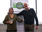 20 October 2024; Harry McCue, chairman of the Irish Professional Footballers Benevolent Association (IPFBA), makes a presentation to Nono McHugh to mark her status as the first ever captain of the Ireland women’s senior international football team at Maldron Hotel before the Sports Direct Women's FAI Cup Final match between Athlone Town and Shelbourne at Tallaght Stadium in Dublin. Photo by Thomas Flinkow/Sportsfile