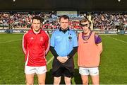 20 October 2024; Referee Sean McCarthy with captains James Power of Cuala and Shane Cunningham of Kilmacud Crokes ahead of the Dublin County Senior Club Football Championship final match between Cuala and Kilmacud Crokes at Parnell Park in Dublin. Photo by Daire Brennan/Sportsfile
