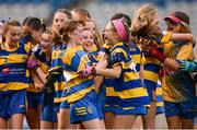 22 October 2024; Isla Kane and Aoife Bourke of St. Patrick's NS, Diswellstown, Dublin, celebrate during day two of the Allianz Cumann na mBunscol Finals at Croke Park in Dublin. Photo by Ramsey Cardy/Sportsfile