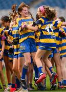 22 October 2024; Isla Kane and Aoife Bourke of St. Patrick's NS, Diswellstown, Dublin, celebrate during day two of the Allianz Cumann na mBunscol Finals at Croke Park in Dublin. Photo by Ramsey Cardy/Sportsfile