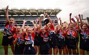 22 October 2024; The Harold School celebrate with the trophy after the match between The Harold School, Glasthule, Dublin, and St. Brigid's GNS, Palmerstown, Dublin, on day two of the Allianz Cumann na mBunscol Finals at Croke Park in Dublin. Photo by Ramsey Cardy/Sportsfile
