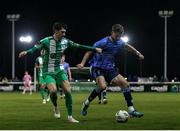 24 October 2024; Ronan Finn of UCD in action against Harry Groome of Bray Wanderers during the SSE Airtricity Men's First Division Play-Off semi-final first leg match between Bray Wanderers and UCD at Carlisle Grounds in Bray, Wicklow. Photo by Thomas Flinkow/Sportsfile