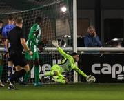 24 October 2024; Bray Wanderers goalkeeper Jimmy Corcoran makes a save during the SSE Airtricity Men's First Division Play-Off semi-final first leg match between Bray Wanderers and UCD at Carlisle Grounds in Bray, Wicklow. Photo by Thomas Flinkow/Sportsfile