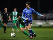 24 October 2024; Adam Verdon of UCD in action against Guillermo Almirall of Bray Wanderers during the SSE Airtricity Men's First Division Play-Off semi-final first leg match between Bray Wanderers and UCD at Carlisle Grounds in Bray, Wicklow. Photo by Thomas Flinkow/Sportsfile