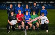 24 October 2024; The BearingPoint Sarah Robinson Cup and the BearingPoint Shane Horgan Cup were launched in Energia Park this evening. The competitions are the U-16s representative player pathways for club players looking to represent one of five Leinster Rugby area teams, namely; North Midlands, Midlands, South-East, Metro and North-East. Pictured are, back row from left, Metro coach Rob Wolfe, North East coach Conor O'Sullivan, North Midlands coach Brian Croke, South East coach Eoin Sherriff, and Midlands coach Ken Moore, front row from left, Eoghan Saunders of Metro, Michael Cahalane of North East, Jack Hogan of North Midlands, Alexander Miller of South East, and Cillian Doyle of Midlands, at Energia Park in Dublin. Photo by Seb Daly/Sportsfile