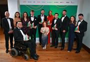 24 October 2024; Paralympics Ireland hosted their Paris 2024 Ball at the RDS in Dublin this evening. The event was held to honour and celebrate the outstanding achievements and contributions of all those involved in the success of the Paralympic Games in Paris. Pictured are award winners from left, Team Ireland Deputy Chef de Mission Richard Doyle with his PTSB Support Team Spirit Award, Paralympian Róisín Ní Riainw with her Allianz Young Paralympian of the Games award, Former Paralympics Ireland President Jimmy Gradwell with his Irish Paralympic Order award, Paralympians Katie George Dunlevy with the Aer Lingus Outstanding Female Performance award, Paralympian Tiarnán O’Donnell with his PTSB Athlete Team Spirit Award, Paralympian Michael McKillop with his Hall of Fame award, Paralympian Dearbhaile Brady with her Nestlé Outstanding Games Debut Performance award, Evanne Ní Chuilinn from RTE with the Outstanding Media Contribution award, Paralympians Martin Gordon & Eoin Mullen with their Aer Lingus Outstanding Male Performance award, Paralympic Pilot Linda Kelly, and Former Sportsfile staff photographer Harry Murphy with his Best Photograph of Paris 2024 award, during the event at the RDS in Dublin. Photo by Sam Barnes/Sportsfile