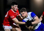 25 October 2024; Niall Kelly of Errigal Ciaran in action against Ciarán Daly of Trillick during the Tyrone County Senior Club Football Championship final match between Errigal Ciarán and Trillick at O'Neills Healy Park in Omagh, Tyrone. Photo by Ramsey Cardy/Sportsfile