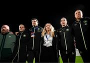 25 October 2024; Republic of Ireland players and staff, from left, media officer Gareth Maher, STATSports analyst Claire Dunne, nutritionist Dr Brendan Egan, team operations manager Jennifer Willmott, physiotherapist Susie Coffey and assistant coach Emma Byrne after the UEFA Women's EURO 2025 Play-Off Round 1 first leg match between Georgia and Republic of Ireland at Mikheil Meskhi Stadium II in Tbilisi, Georgia. Photo by Stephen McCarthy/Sportsfile