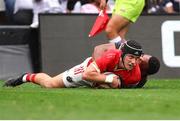 26 October 2024; Mike Haley of Munster scores Munster’s second try during the United Rugby Championship match between Hollywoodbets Sharks and Munster at Hollywoodbets Kings Park in Durban, South Africa. Photo by Shaun Roy/Sportsfile