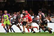 26 October 2024; Mike Haley of Munster attempts to get past Aphelele Fassi and Emile van Heerden of Hollywoodbets Sharks during the United Rugby Championship match between Hollywoodbets Sharks and Munster at Hollywoodbets Kings Park in Durban, South Africa. Photo by Shaun Roy/Sportsfile