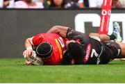 26 October 2024; Mike Haley of Munster scores Munster’s second try during the United Rugby Championship match between Hollywoodbets Sharks and Munster at Hollywoodbets Kings Park in Durban, South Africa. Photo by Shaun Roy/Sportsfile