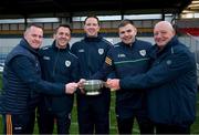 26 October 2024; The Ireland management team with the Mowi Quaich Cup, left to right, Ireland manager Michael Kavanagh, Kevin O'Brien, Damien Coleman, Joe O'Leary and Terence McNaughton after the Shinty International match between Ireland and Scotland at Cusack Park in Ennis, Clare. Photo by Ray McManus/Sportsfile