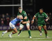 26 October 2024; Sean O’Brien of Connacht is tackled by Joe Westwood of Dragons during the United Rugby Championship match between Connacht and Dragons at Dexcom Stadium in Galway. Photo by Michael P Ryan/Sportsfile