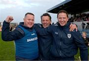 26 October 2024; Ireland manager Michael Kavanagh, Kevin O'Brien and Damien Coleman, right, celebrate after the Shinty International match between Ireland and Scotland at Cusack Park in Ennis, Clare. Photo by Ray McManus/Sportsfile