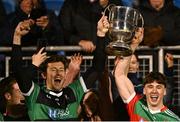 26 October 2024; Ballina Stephenites joint-captains David Clarke, left, and Sam Callinan lift the Paddy Moclair Cup after their side's victory in  the Mayo County Senior Club Football Championship final match between Ballina Stephenites and Knockmore at Hastings Insurance MacHale Park in Castlebar, Mayo. Photo by Piaras Ó Mídheach/Sportsfile