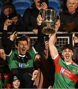 26 October 2024; Ballina Stephenites joint-captains David Clarke, left, and Sam Callinan lift the Paddy Moclair Cup after their side's victory in  the Mayo County Senior Club Football Championship final match between Ballina Stephenites and Knockmore at Hastings Insurance MacHale Park in Castlebar, Mayo. Photo by Piaras Ó Mídheach/Sportsfile