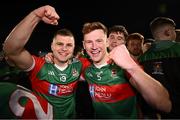 26 October 2024; Ballina Stephenites players James Doherty, 19, and Seán Regan celebrate after their side's victory in the Mayo County Senior Club Football Championship final match between Ballina Stephenites and Knockmore at Hastings Insurance MacHale Park in Castlebar, Mayo. Photo by Piaras Ó Mídheach/Sportsfile