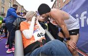 27 October 2024; Actor Colin Farrell with Emma Fogarty after finishing the 2024 Irish Life Dublin Marathon. This marks the 43rd edition of the race with thousands of participants from international athletes, club runners, wheelchair-assisted participants, charity runners, and first-time marathon participants taking on the 26.2-mile challenge. This year’s race started on Leeson Street and finished at the Pepper Canister Church on Mount Street Upper. Photo by Sam Barnes/Sportsfile