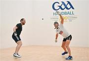 27 October 2024; Dominick Lynch of Glenbeigh, Kerry, in action against James Brady of Mullahoran, Cavan, in the Men's 40+ quarter final during day two of the O'Neills.com World 4-Wall Championships at Croke Park in Dublin. Photo by Stephen Marken/Sportsfile