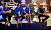 26 October 2024; Q&A with Leinster players, from left, Garry Ringrose, Jack Conan and Joe McCarthy in the fanzone before the United Rugby Championship match between Leinster and Emirates Lions at the Aviva Stadium in Dublin. Photo by Seb Daly/Sportsfile