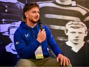 26 October 2024; Q&A with Leinster players, from left, Garry Ringrose, Jack Conan and Joe McCarthy in the fanzone before the United Rugby Championship match between Leinster and Emirates Lions at the Aviva Stadium in Dublin. Photo by Seb Daly/Sportsfile