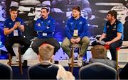 26 October 2024; Q&A with Leinster players, from left, Garry Ringrose, Jack Conan and Joe McCarthy in the fanzone before the United Rugby Championship match between Leinster and Emirates Lions at the Aviva Stadium in Dublin. Photo by Seb Daly/Sportsfile