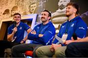 26 October 2024; Q&A with Leinster players Garry Ringrose, Jack Conan and Joe McCarthy in the fanzone before the United Rugby Championship match between Leinster and Emirates Lions at the Aviva Stadium in Dublin. Photo by Seb Daly/Sportsfile
