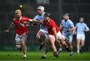 27 October 2024; JJ Carey of Na Piarsaigh is tackled by Richie English and Darragh O'Donovan of Doon during the Limerick County Senior Club Hurling Championship final match between Na Piarsaigh and Doon at TUS Gaelic Grounds in Limerick. Photo by Ray McManus/Sportsfile