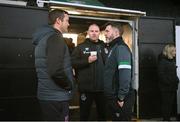 27 October 2024; Dundalk manager Jon Daly, left, inconversation with Shamrock Rovers manager Stephen Bradley, right, and assistant coach Glenn Cronin before the SSE Airtricity Men's Premier Division match between Dundalk and Shamrock Rovers at Oriel Park in Dundalk, Louth. Photo by Ben McShane/Sportsfile