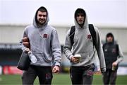 27 October 2024; Robbie Mahon, left, and Dara Keane of Dundalk arrive before the SSE Airtricity Men's Premier Division match between Dundalk and Shamrock Rovers at Oriel Park in Dundalk, Louth. Photo by Ben McShane/Sportsfile