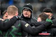 27 October 2024; Glen manager Malachy O'Rourke in the team huddle before the Derry County Senior Club Football Championship final match between Glen and Newbridge at Celtic Park in Derry. Photo by Oliver McVeigh/Sportsfile