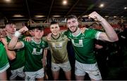 27 October 2024; Óisin Doherty of Newbridge, James Gribbin of Newbridge and Shane McGrogan of Newbridge celebrate after the Derry County Senior Club Football Championship final match between Glen and Newbridge at Celtic Park in Derry. Photo by Oliver McVeigh/Sportsfile