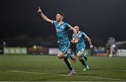 27 October 2024; Dylan Watts of Shamrock Rovers celebrates after scoring his side's first goal during the SSE Airtricity Men's Premier Division match between Dundalk and Shamrock Rovers at Oriel Park in Dundalk, Louth. Photo by Ben McShane/Sportsfile