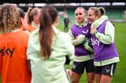 28 October 2024; Izzy Atkinson and Kyra Carusa, right, during a Republic of Ireland women's training session at Tallaght Stadium in Dublin. Photo by Stephen McCarthy/Sportsfile