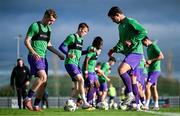 28 October 2024; Wexford players, including James Crawford, left, warm up before the SSE Airtricity Men's First Division Play-Off semi-final second leg match between Wexford and Athlone Town at Ferrycarrig Park in Wexford. Photo by Shauna Clinton/Sportsfile