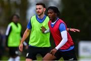 28 October 2024; Amardo Oakley of Athlone Town, right, warms up before the SSE Airtricity Men's First Division Play-Off semi-final second leg match between Wexford and Athlone Town at Ferrycarrig Park in Wexford. Photo by Shauna Clinton/Sportsfile