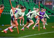 28 October 2024; Lily Agg and Katie McCabe, left, during a Republic of Ireland women's training session at Tallaght Stadium in Dublin. Photo by Stephen McCarthy/Sportsfile