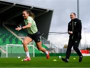 28 October 2024; Katie McCabe and assistant coach Colin Healy during a Republic of Ireland women's training session at Tallaght Stadium in Dublin. Photo by Stephen McCarthy/Sportsfile
