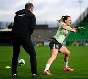 28 October 2024; Katie McCabe and assistant coach Colin Healy during a Republic of Ireland women's training session at Tallaght Stadium in Dublin. Photo by Stephen McCarthy/Sportsfile