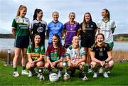 28 October 2024; Players, top row, from left, Kelley Comerford of Muckalee, Orlaith Sheehy of Dee Rangers, Gráinne Kenneally of Eadestown, Emer Sweeney of Kilmacud Crokes, Geri Rose O'Connor of Baile Dubh Tire, Kate Flood of Naomh Padraig, bottom row, from left, Sarah O'Sullivan of Kilcock, Eva Fitzpatrick of Goldsmiths, Aoife Curran of O'Dwyers and Shannen Cotter of Bennekerry Tinryland pose for a group photograph at the AIB Leinster LGFA Club Finals’ Captains’ Day at Wineport Lodge in Westmeath. Photo by Tyler Miller/Sportsfile