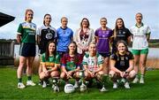 28 October 2024; Players, top row, from left, Kelley Comerford of Muckalee, Orlaith Sheehy of Dee Rangers, Gráinne Kenneally of Eadestown, Emer Sweeney of Kilmacud Crokes, Geri Rose O'Connor of Baile Dubh Tire, Kate Flood of Naomh Padraig, bottom row, from left, Sarah O'Sullivan of Kilcock, Eva Fitzpatrick of Goldsmiths, Aoife Curran of O'Dwyers and Shannen Cotter of Bennekerry Tinryland pose for a group photograph with Leinster LGFA President Trina Murphy at the AIB Leinster LGFA Club Finals’ Captains’ Day at Wineport Lodge in Westmeath. Photo by Tyler Miller/Sportsfile