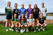 28 October 2024; Players, top row, from left, Kelley Comerford of Muckalee, Orlaith Sheehy of Dee Rangers, Gráinne Kenneally of Eadestown, Emer Sweeney of Kilmacud Crokes, Geri Rose O'Connor of Baile Dubh Tire, Kate Flood of Naomh Padraig, bottom row, from left, Sarah O'Sullivan of Kilcock, Eva Fitzpatrick of Goldsmiths, Aoife Curran of O'Dwyers and Shannen Cotter of Bennekerry Tinryland pose for a group photograph at the AIB Leinster LGFA Club Finals’ Captains’ Day at Wineport Lodge in Westmeath. Photo by Tyler Miller/Sportsfile