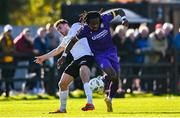28 October 2024; Thomas Oluwa of Wexford in action against Brian Torre of Athlone Town during the SSE Airtricity Men's First Division Play-Off semi-final second leg match between Wexford and Athlone Town at Ferrycarrig Park in Wexford. Photo by Shauna Clinton/Sportsfile