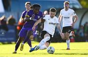 28 October 2024; Thomas Oluwa of Wexford in action against Dylan Hand of Athlone Town during the SSE Airtricity Men's First Division Play-Off semi-final second leg match between Wexford and Athlone Town at Ferrycarrig Park in Wexford. Photo by Shauna Clinton/Sportsfile